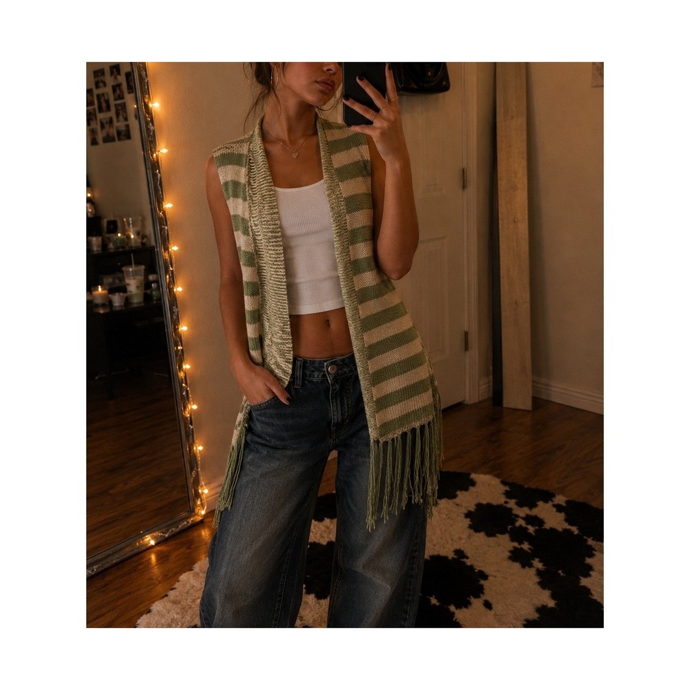Say What? XL Y2K Vest Green Striped Fringe Open Front Knit Cardigan Boho
